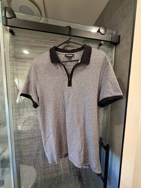 Express Men's Heather Gray Polo with Black Collar and Trim